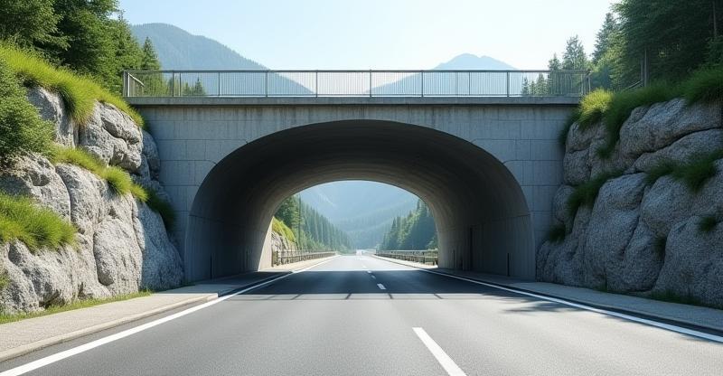 Bild einer mautpflichtigen Tunnelzufahrt in Österreich, zeigt eine Mautstation oder Tunnelportal